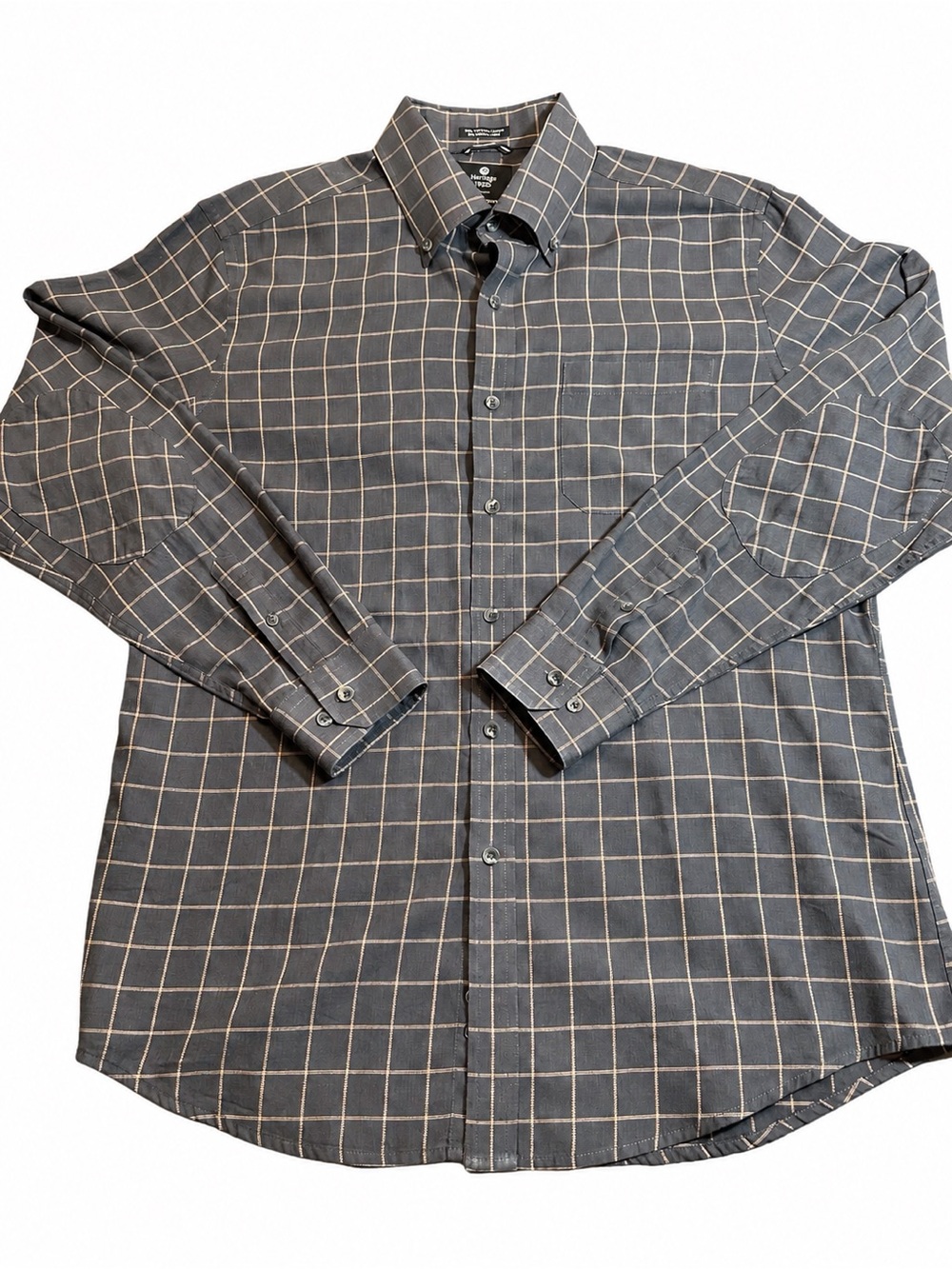 Heritage Viyella Black Brown 1826 Mens L Wool Blend Plaid Elbow Patch Shirt